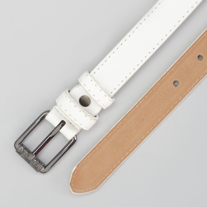 Ремень женский, джинс, 2 строчки, пряжка тёмный металл, ширина - 2,3 см, цвет белый