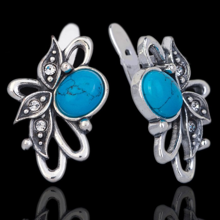 Серьги "Арагау", цвет бело-голубой в чернёном серебре