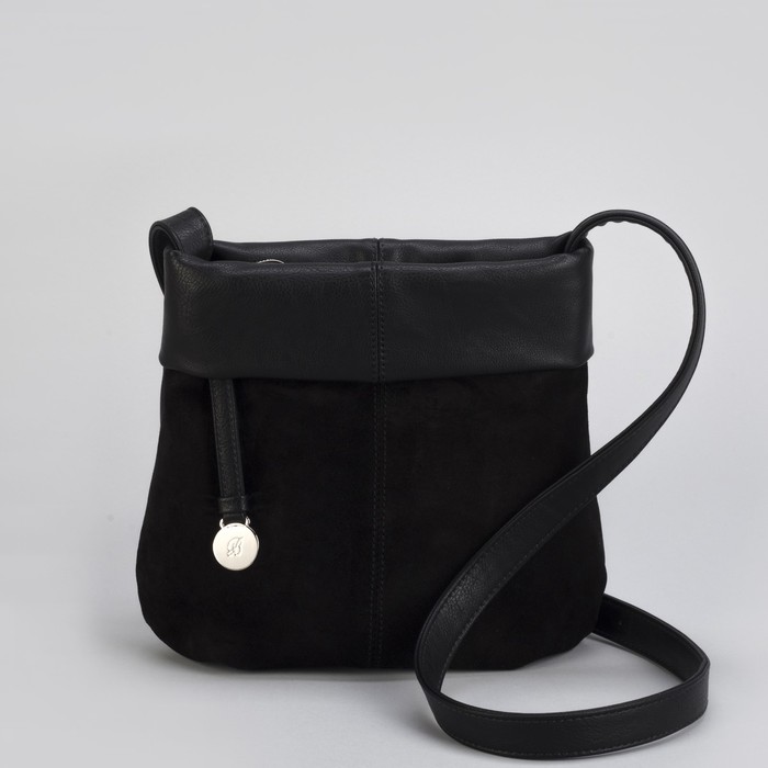 Сумка женская, замша, отдел с перегородкой на молнии, наружный карман, регулируемый ремень, цвет чёрный