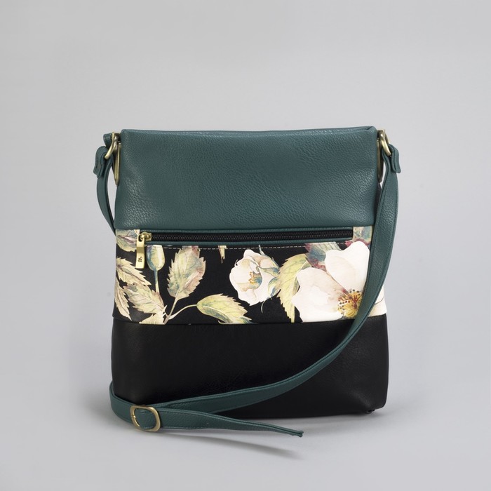 Сумка женская «Цветы», 1 отдел на молнии, наружный карман, регулируемый ремень, цвет морской/бежевый