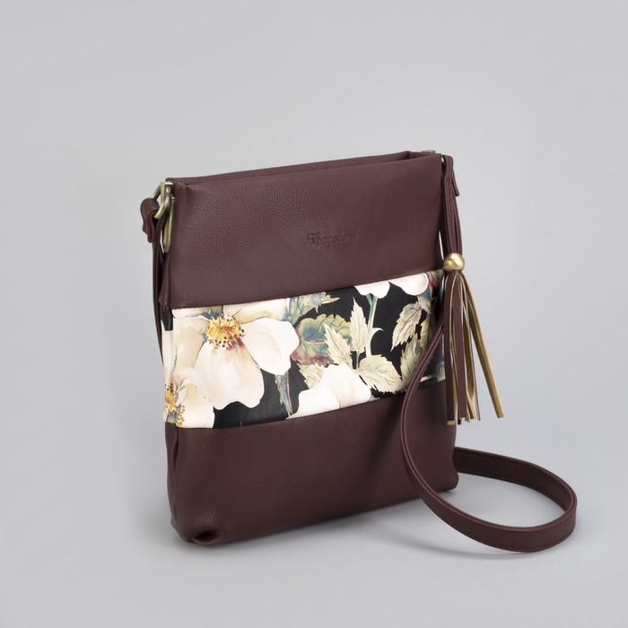 Сумка женская «Цветы», 1 отдел на молнии, наружный карман, регулируемый ремень, цвет бордовый