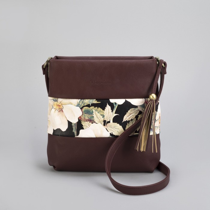 Сумка женская «Цветы», 1 отдел на молнии, наружный карман, регулируемый ремень, цвет бордовый