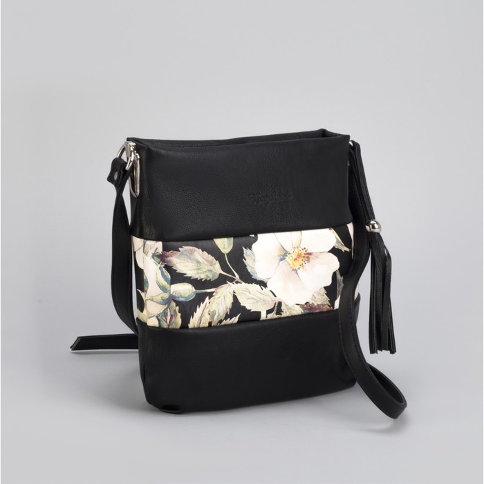 Сумка женская «Цветы», 1 отдел на молнии, наружный карман, регулируемый ремень, цвет чёрный/бежевый