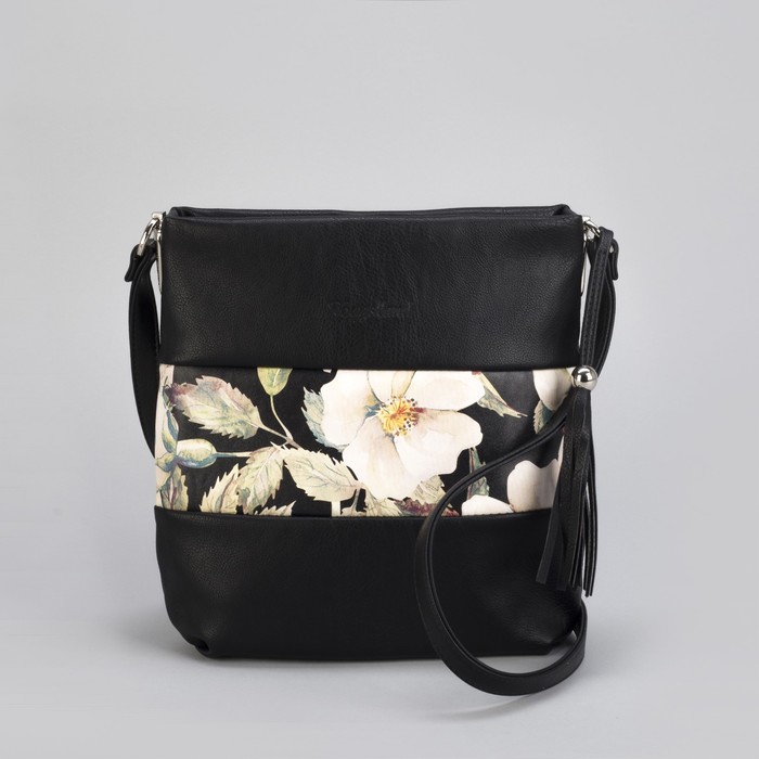 Сумка женская «Цветы», 1 отдел на молнии, наружный карман, регулируемый ремень, цвет чёрный/бежевый