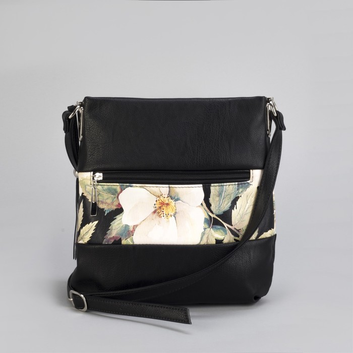 Сумка женская «Цветы», 1 отдел на молнии, наружный карман, регулируемый ремень, цвет чёрный/бежевый