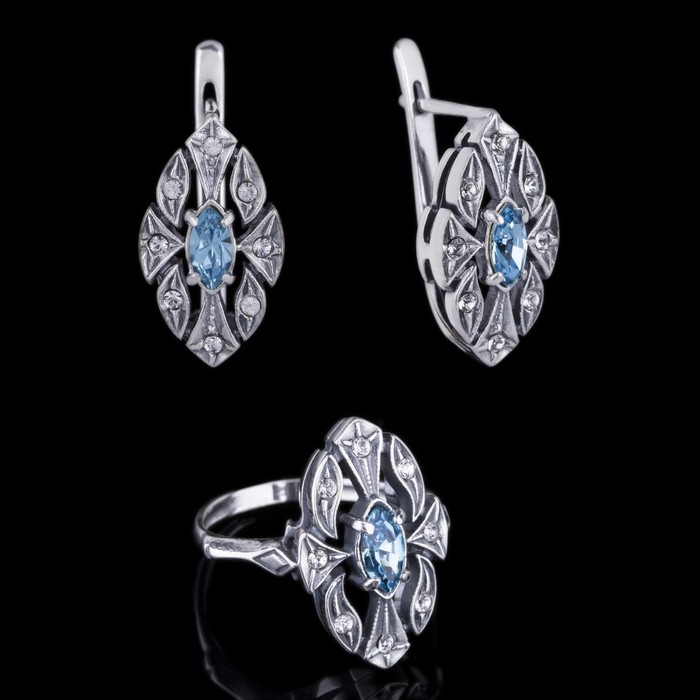 Гарнитур 2 предмета: серьги, кольцо "Маркиза", размер 18, цвет голубой в чернёном серебре