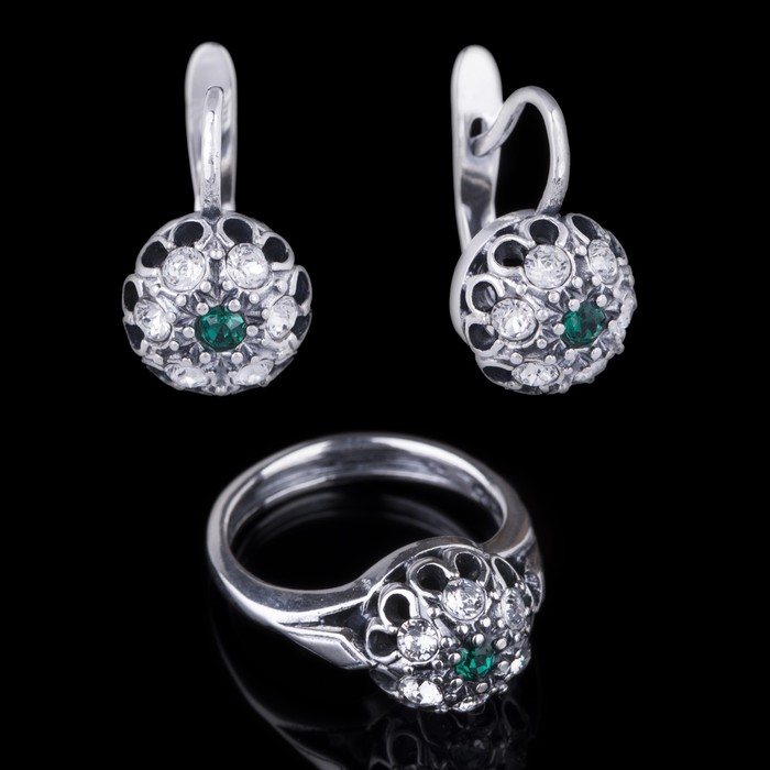 Гарнитур 2 предмета: серьги, кольцо "Малинка", размер 18, цвет зелёный в чернёном серебре