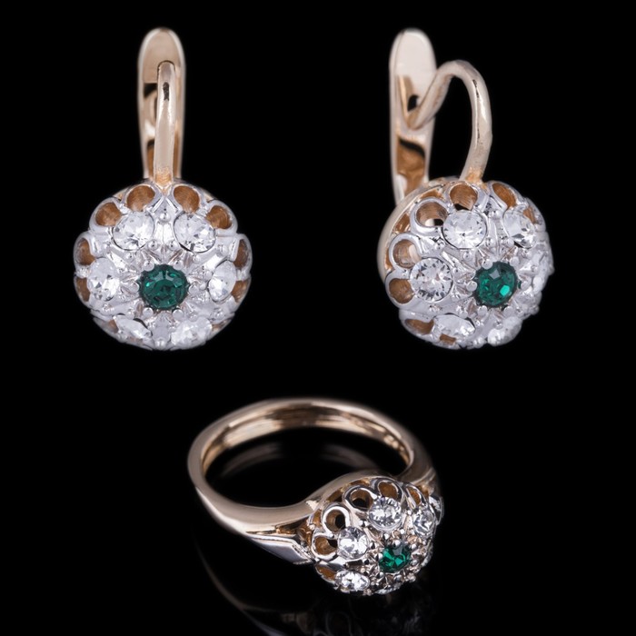 Гарнитур 2 предмета: серьги, кольцо "Малинка", размер 18, цвет зелёный в золоте