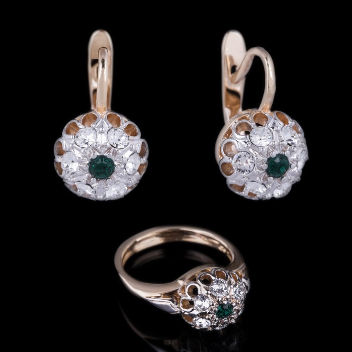 Гарнитур 2 предмета: серьги, кольцо "Малинка", размер 19, цвет зелёный в золоте