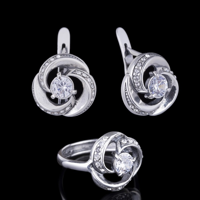 Гарнитур 2 предмета: серьги, кольцо "Фонтан", размер 17, цвет белый в чернёном серебре