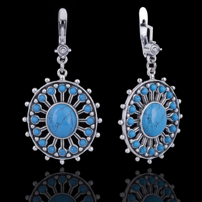 Серьги "Гюксель", цвет бело-голубой в чернёном серебре