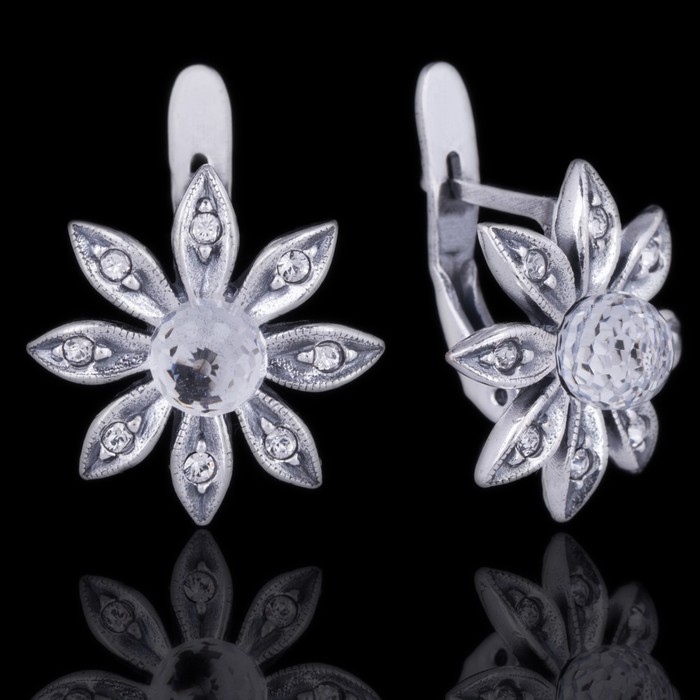 Серьги "Сель", цвет белый в чернёном серебре