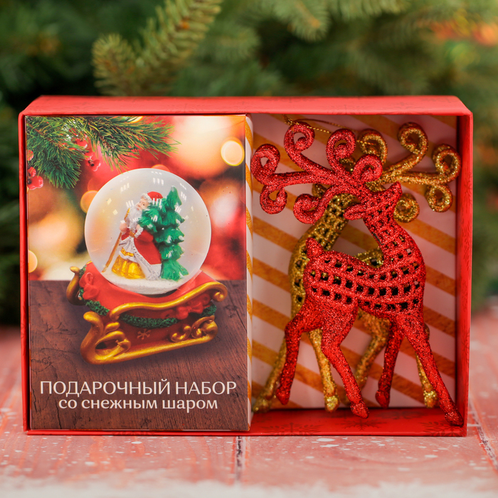 Набор снежный шар и ёлочные украшения "Дед Мороз везёт подарки"