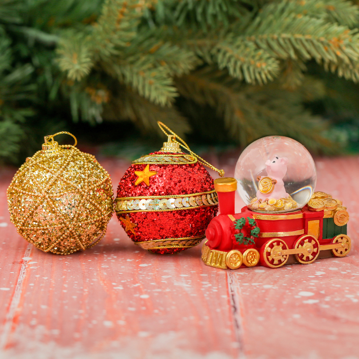 Набор снежный шар и ёлочные украшения "Свинка денег привезёт"