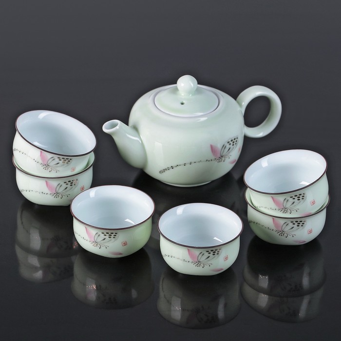 Набор чайный "Нежность", 7 предметов: чайник 150 мл, пиала 50 мл, цвет зеленый