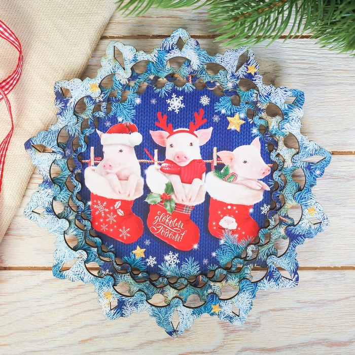 Тарелка деревянная "3 поросенка", d=18 см