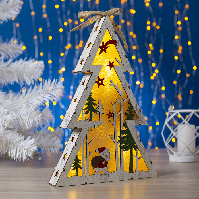 Фигура деревянная "Ёлка с Дед Морозом", 29х20х4 см, 2*AA (не в компл.) 5 LED, белая