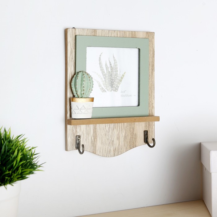 Крючки декоративные дерево с фоторамкой 10х10 см "Зелёный кактус" 19х14,5х2,8 см