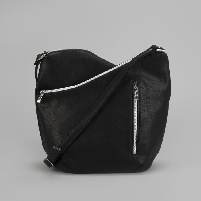 Сумка женская, замша, 2 отдела на молнии, наружный карман, длинный ремень, цвет чёрный