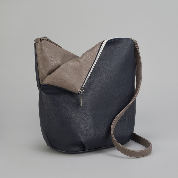 Сумка женская, 2 отдела на молнии, наружный карман, длинный ремень, цвет коричневый/синий