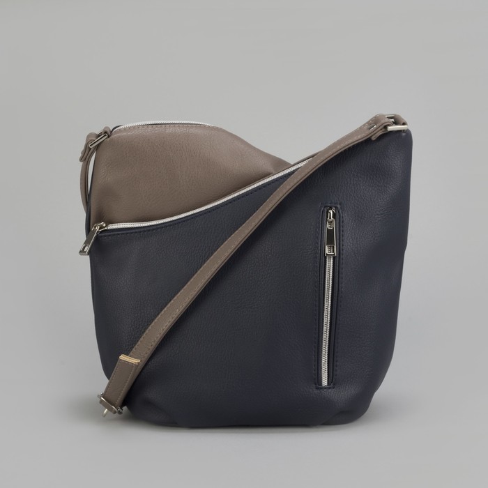 Сумка женская, 2 отдела на молнии, наружный карман, длинный ремень, цвет коричневый/синий
