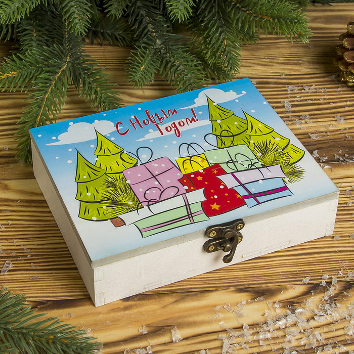 Шкатулка фанера "С Новым годом. Подарки" 12х15х3,5 см