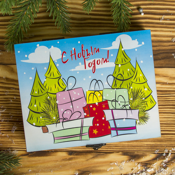 Шкатулка фанера "С Новым годом. Подарки" 12х15х3,5 см