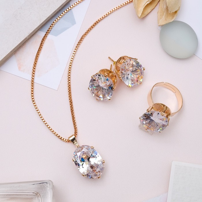 Гарнитур 3 предмета: серьги, кулон, кольцо "Циркон" овал, цвет белый в золоте, 45 см