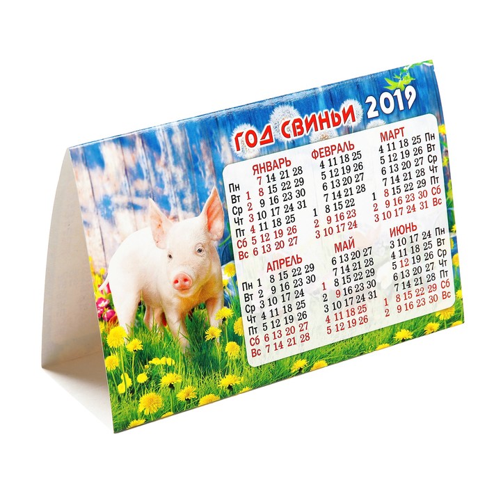 Календарь-домик треугольный "Год Свиньи. Свинка в одуванчиках" 2019 год, 18,8х13см