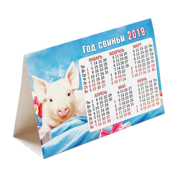 Календарь-домик треугольный "Год Свиньи. Свинка на голубом" 2019 год, 18,8х13см