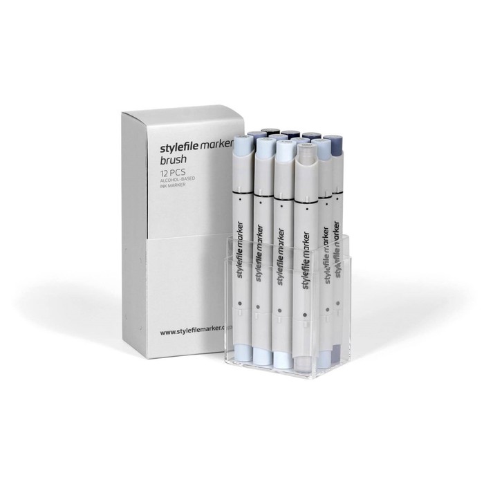 Маркер худож набор StyleFile 12цв Brush (2 ст: кисть/скош) оттенки серый холодный