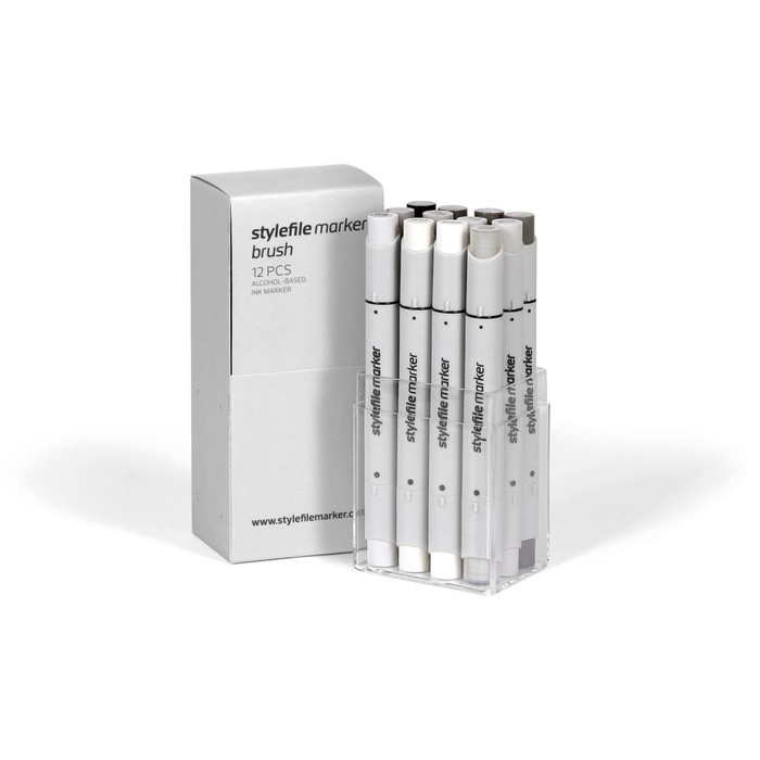 Маркер худож набор StyleFile 12цв Brush (2 ст: кисть/скош) оттенки серый теплый