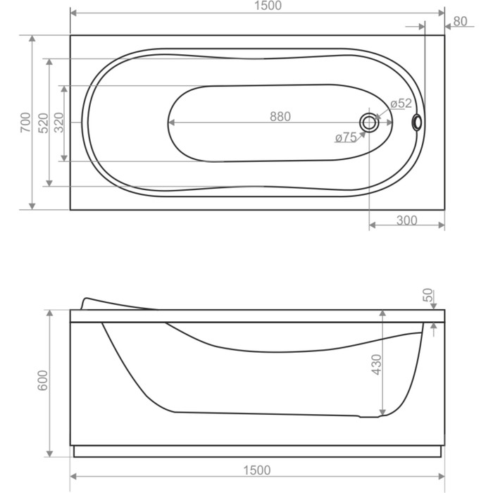 Ванна акриловая DOMANI-SPA Classic, 150 х 70 см