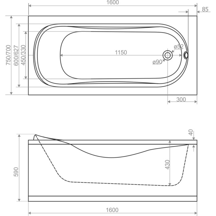 Ванна акриловая DOMANI-SPA Classic, 160 х 70 см