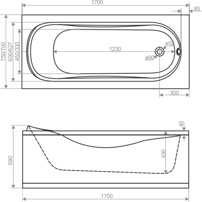 Ванна акриловая DOMANI-SPA Classic, 170 х 70 см