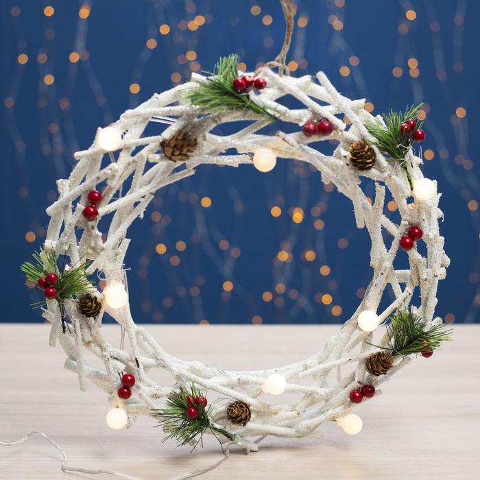 Фигура деревянная "Венок из веток" 35х6х35 см, 3*AА (не в компл.) 10 LED, белый
