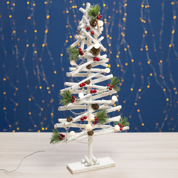 Фигура деревянная "Ёлка из веток", 60х30х6 см, 3*AА (не в компл.) 10 LED, белая
