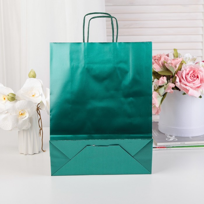 Пакет подарочный, изумрудный, 36 х 27 х 11 см