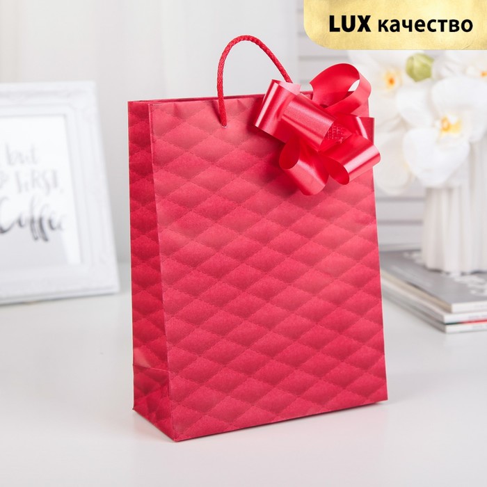 Пакет подарочный с бантом, "Наппа", брусничный, 21,5 х 16 х 7 см