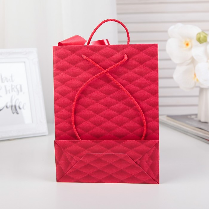 Пакет подарочный с бантом, "Наппа", брусничный, 21,5 х 16 х 7 см