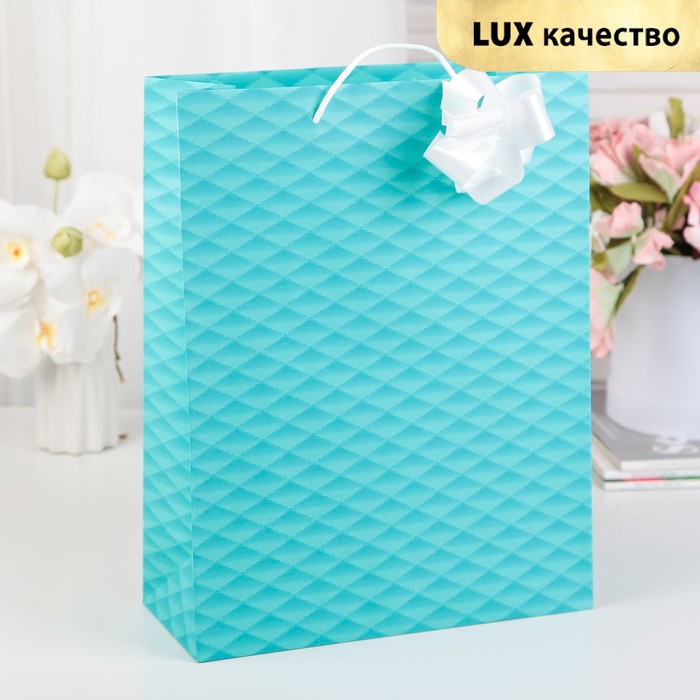 Пакет подарочный с бантом, "Наппа", бирюзовый, 35 х 27 х 12 см