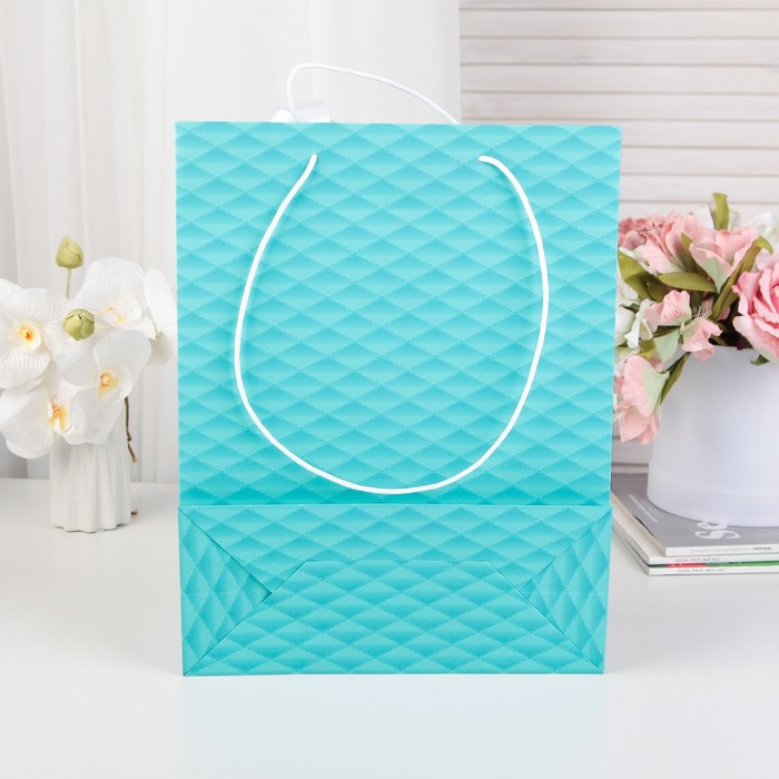 Пакет подарочный с бантом, "Наппа", бирюзовый, 35 х 27 х 12 см