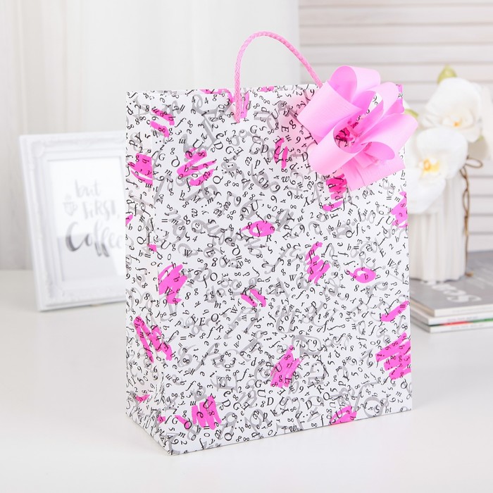 Пакет подарочный с бантом, "Письмо", розовый, 27 х 22 х 10 см