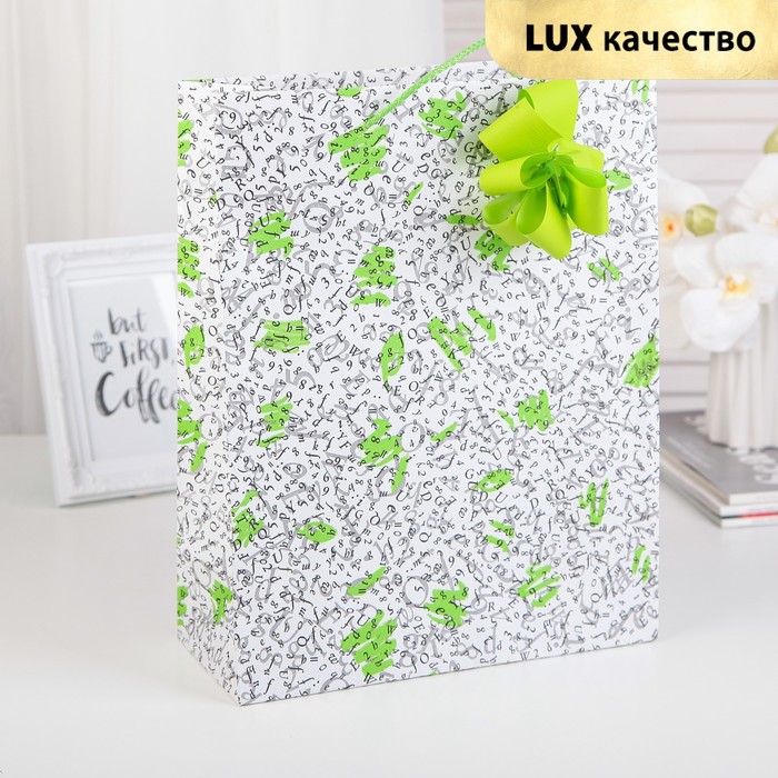 Пакет подарочный с бантом, "Письмо", салатовый, 35 х 27 х 12 см