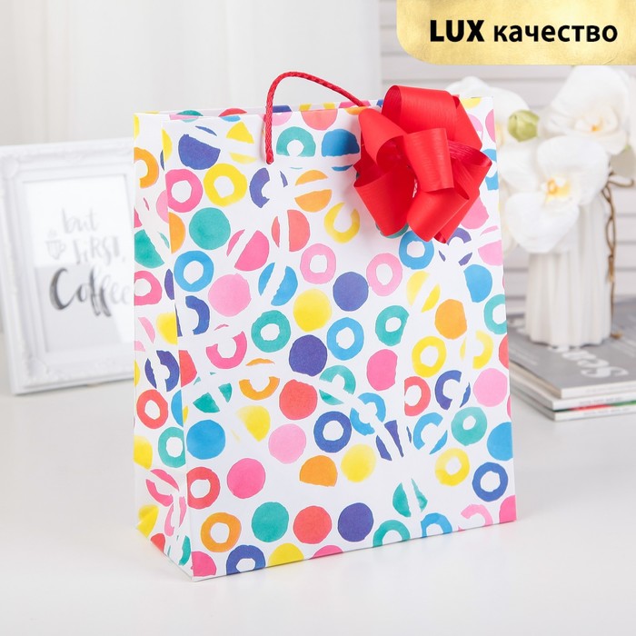 Пакет подарочный с бантом, "Конфетти", разноцветный, 35 х 27 х 12 см