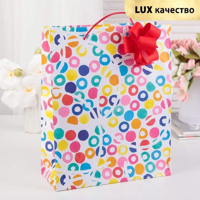 Пакет подарочный с бантом, "Конфетти", разноцветный, 41 х 36 х 12 см