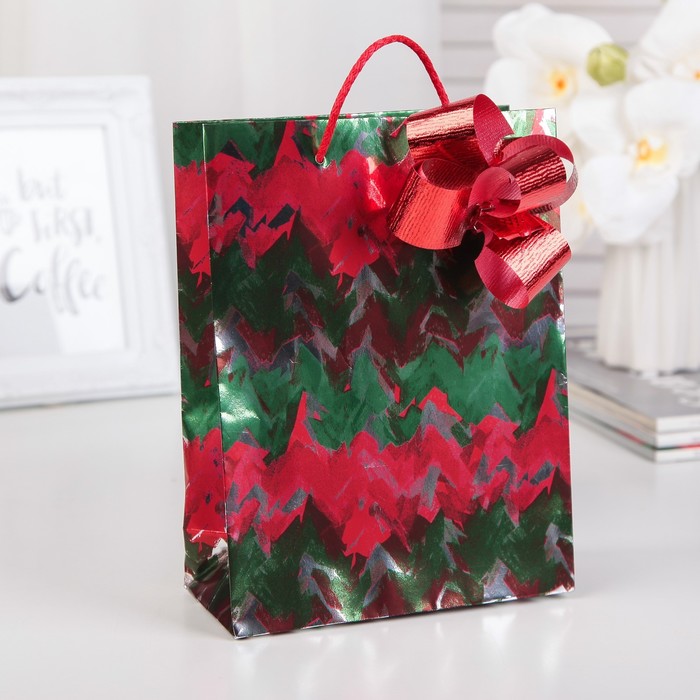 Пакет подарочный, "Новогодний", металлизированный, 160 х 70 х 215 мм, с бантом 30/95 мм