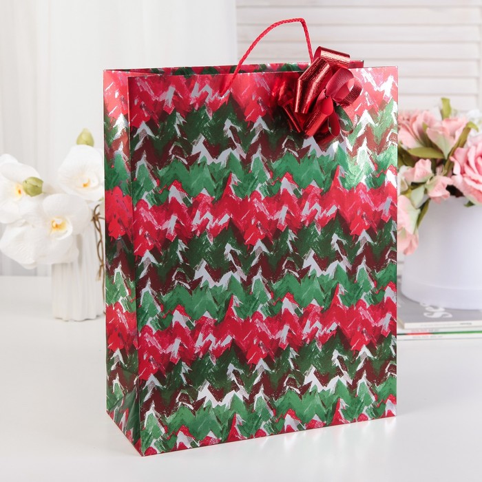 Пакет подарочный, "Новогодний", металлизированный, 270 х 120 х 350 мм, с бантом 30/95 мм