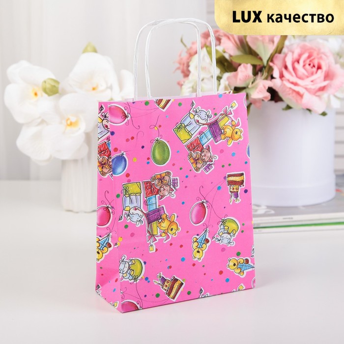 Пакет подарочный, "Мягкие игрушки", розовый, 21,5 х 16 х 7 см