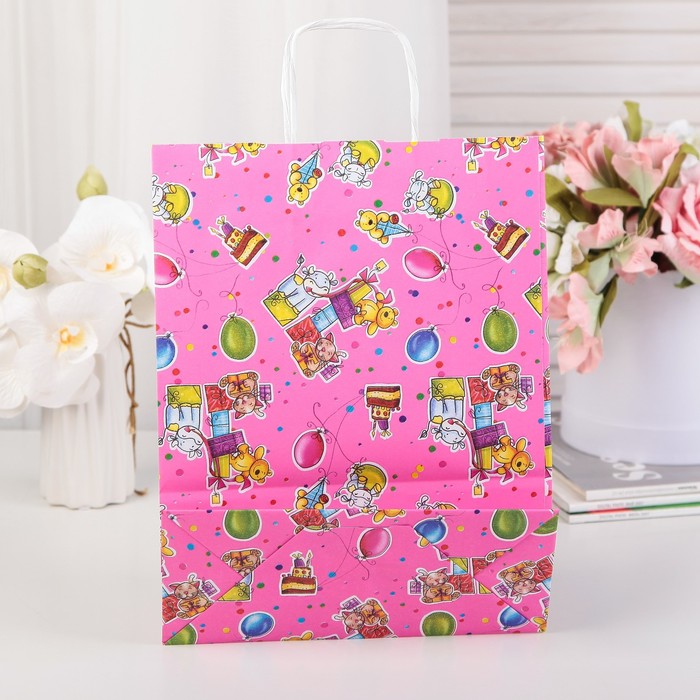 Пакет подарочный, "Мягкие игрушки", розовый, 31 х 24 х 10 см